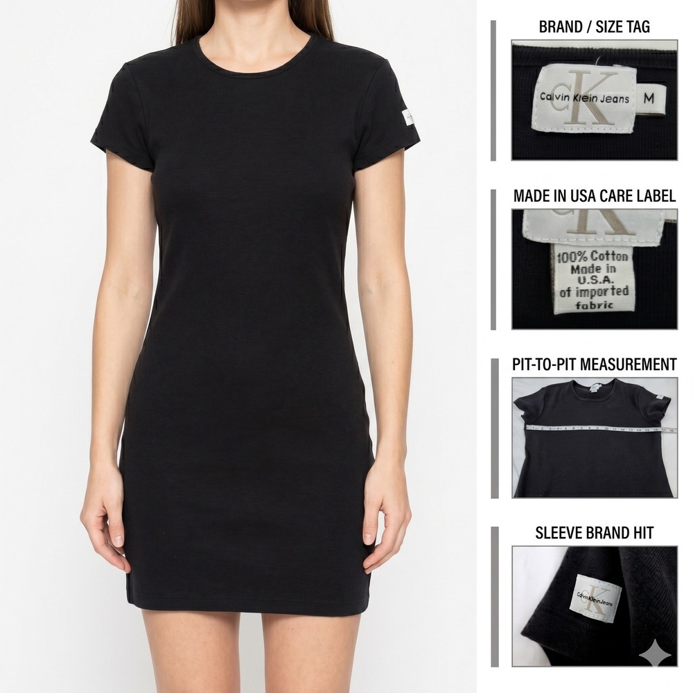 Vintage Calvin Klein Jeans‎ T-Shirt Dress Black Made in USA Womens Medium 90s CK
